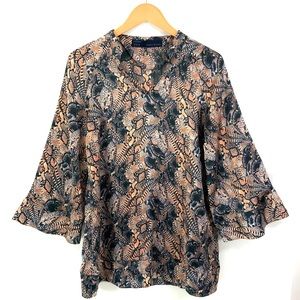 ZARA Satin-Like Long Sleeve Top Navy Peach Bell Sleeve Tunic Top V-Neck M20